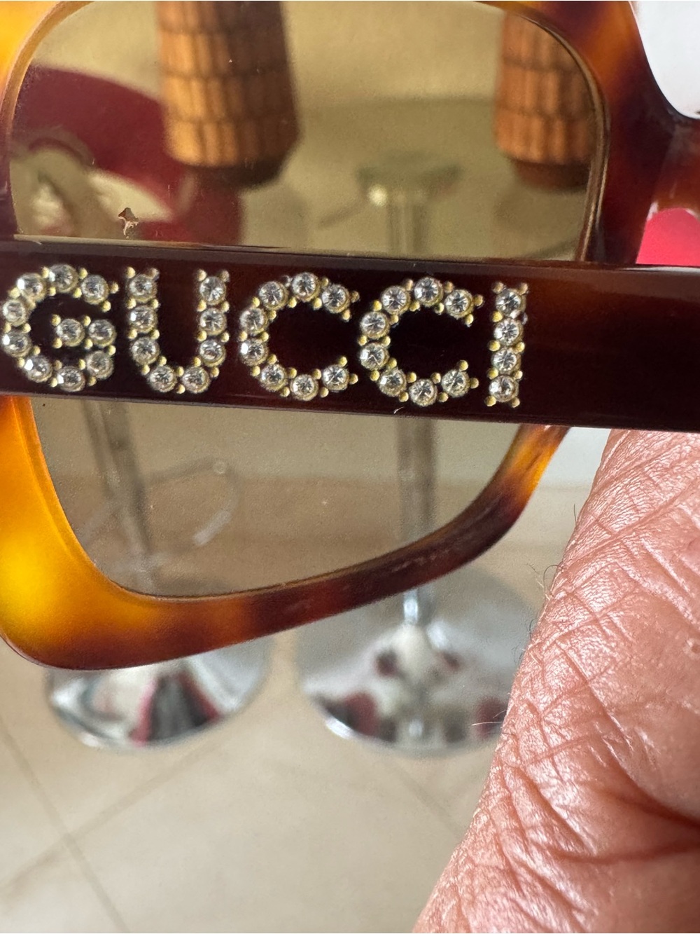 Gucci Tortoiseshell Sunglasses with Crystal-Embellished Logo